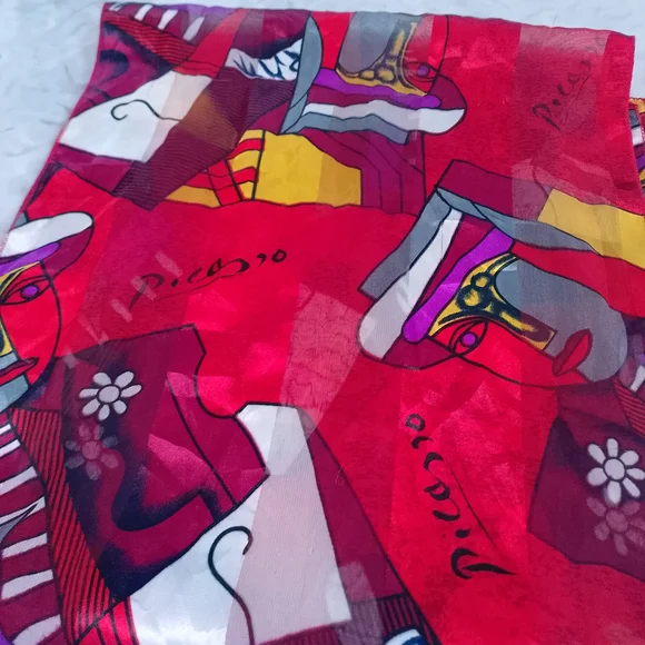 Vintage Picasso Abstract Silk Scarf Red 60x13 Artistic Retro Accessory - Picture 4 of 8